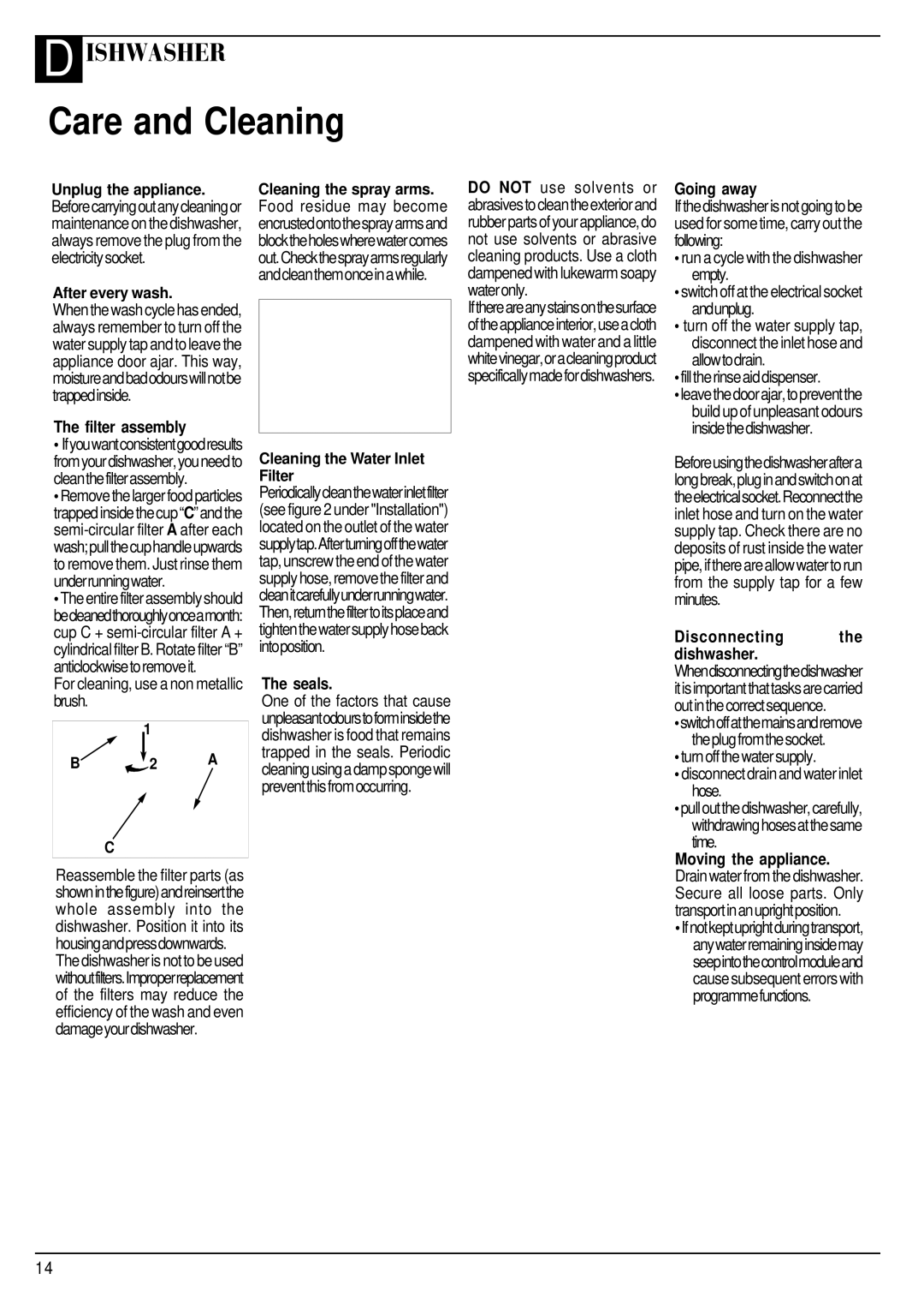 Hotpoint FDW65, FDW60 manual Care and Cleaning, Filter assembly, For cleaning, use a non metallic brush, Seals, Going away 