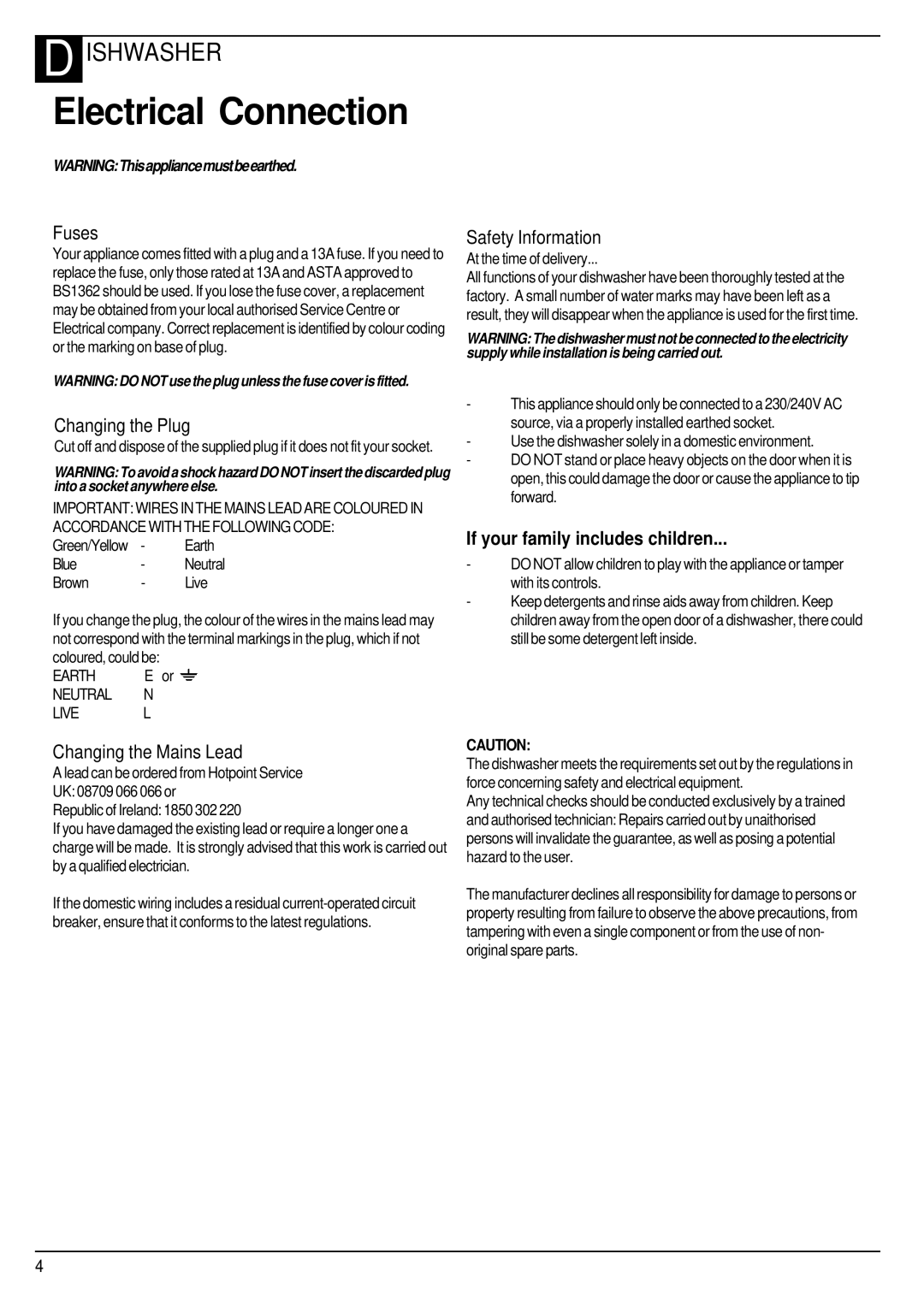 Hotpoint FDW65, FDW60 manual Electrical Connection, If your family includes children 