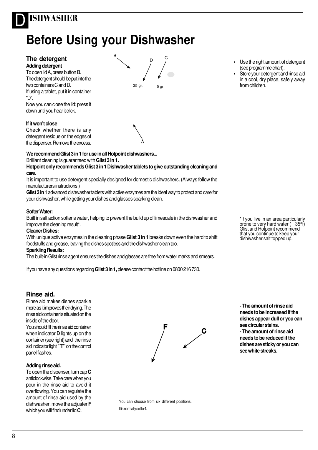 Hotpoint FDW65, FDW60 manual Before Using your Dishwasher, Detergent, Rinse aid 