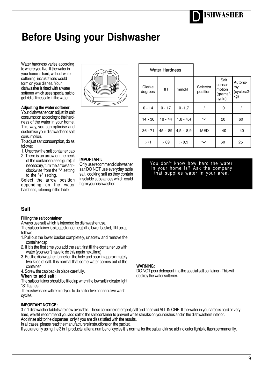 Hotpoint FDW60, FDW65 manual Salt, To the + setting, When to add salt, To adjust salt consumption, do as follows 