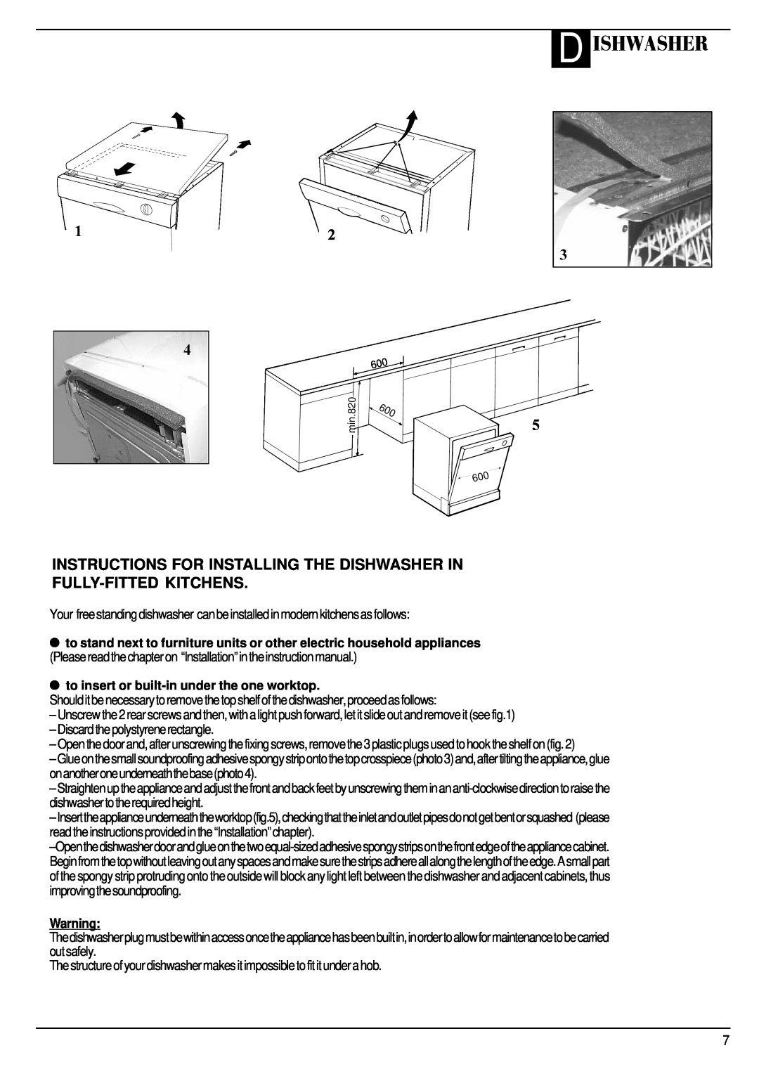 Hotpoint FDW60, FDW65 manual D Ishwasher, Instructions For Installing The Dishwasher In Fully-Fitted Kitchens 