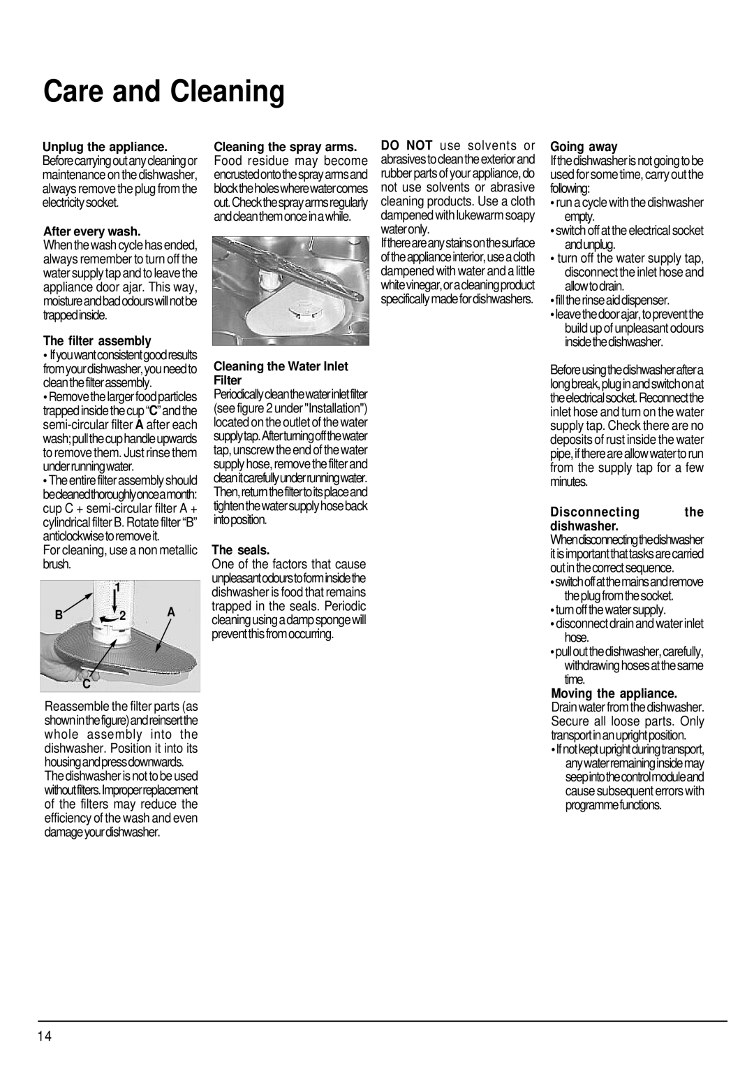 Hotpoint FDW80 manual Care and Cleaning, Filter assembly, Seals, Going away 