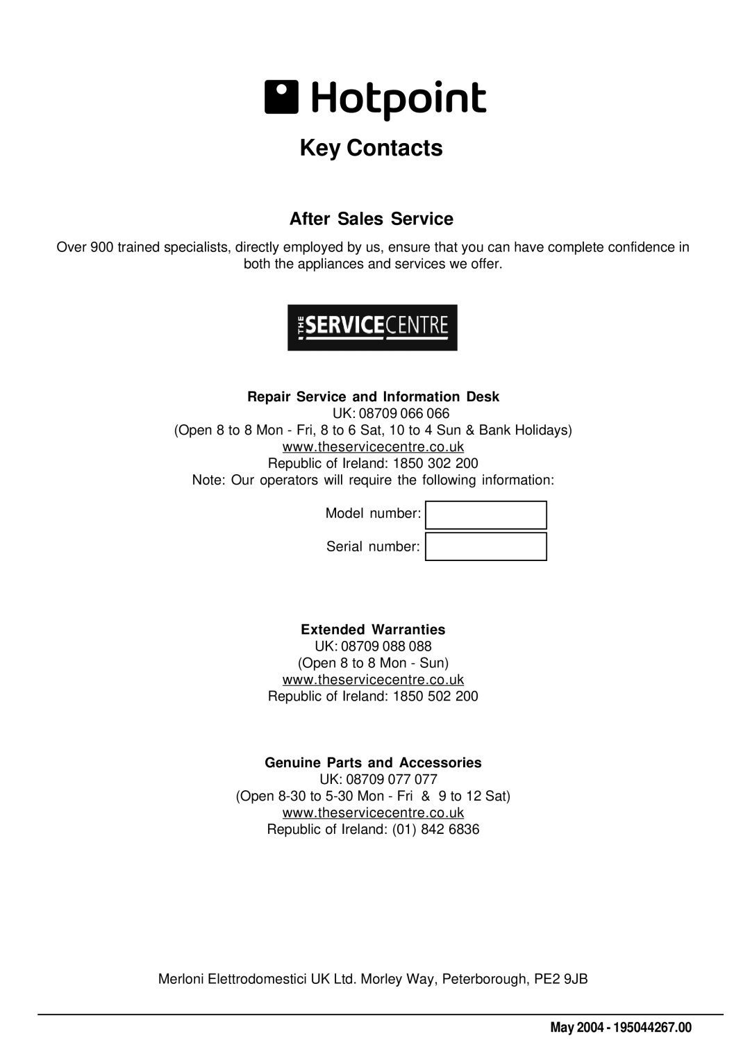 Hotpoint FDW80 manual Repair Service and Information Desk, Genuine Parts and Accessories, May 2004 