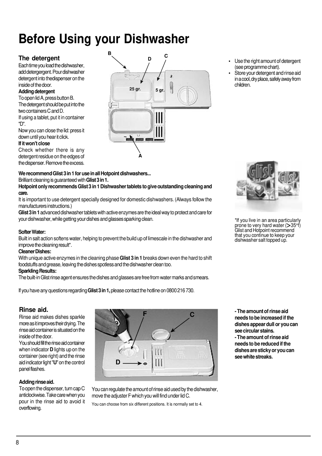 Hotpoint FDW80 manual Before Using your Dishwasher, Detergent, Rinse aid 