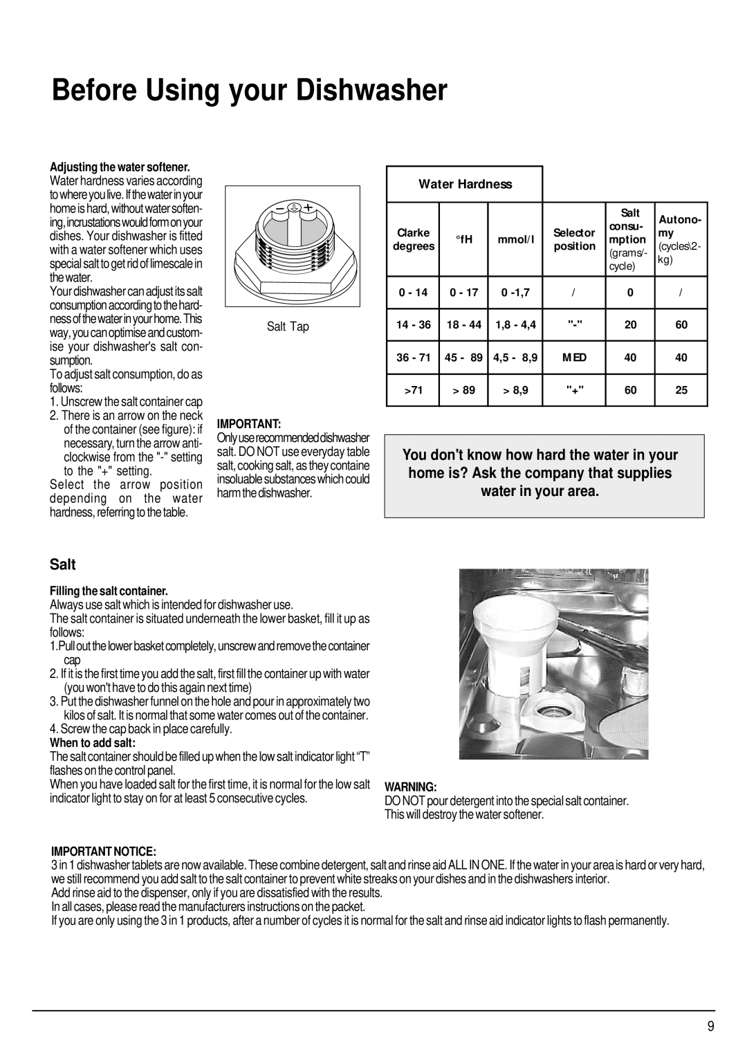 Hotpoint FDW80 manual To the + setting, Screw the cap back in place carefully, Filling the salt container, When to add salt 