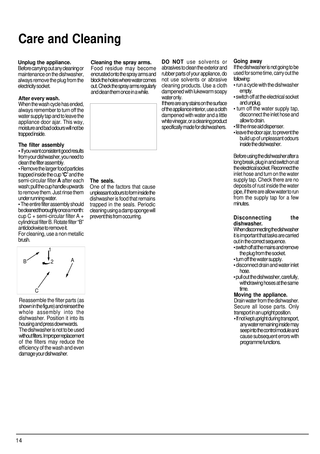 Hotpoint FDW85 manual Care and Cleaning, Filter assembly, Seals, Going away 