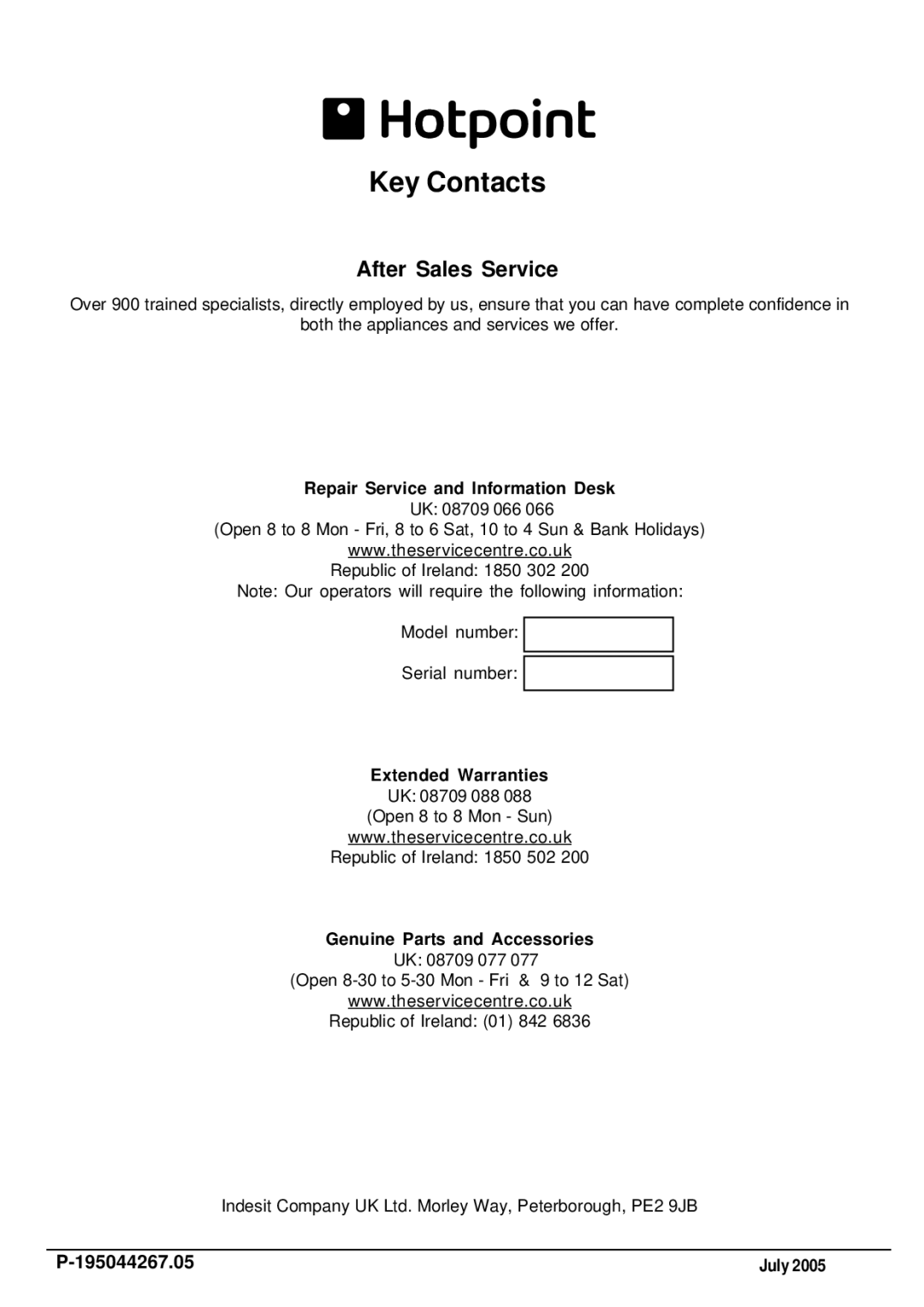 Hotpoint FDW85 manual Repair Service and Information Desk, Genuine Parts and Accessories, July 