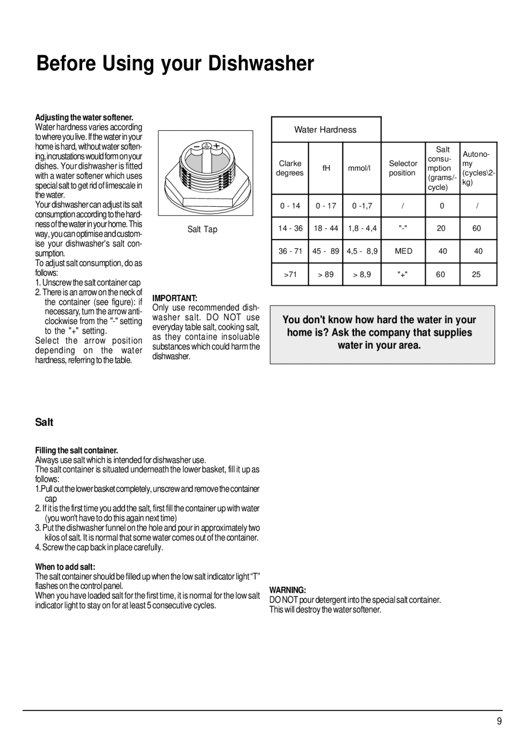 Hotpoint FDW85 manual To the + setting, Screw the cap back in place carefully, Filling the salt container, When to add salt 