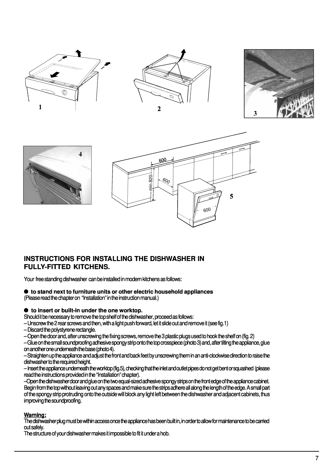 Hotpoint FDW85 manual Instructions For Installing The Dishwasher In, Fully-Fittedkitchens 