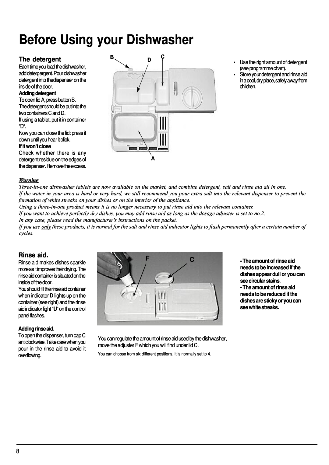 Hotpoint FDW85 manual Before Using your Dishwasher, The detergent, Rinse aid, Adding detergent, If it wont close 