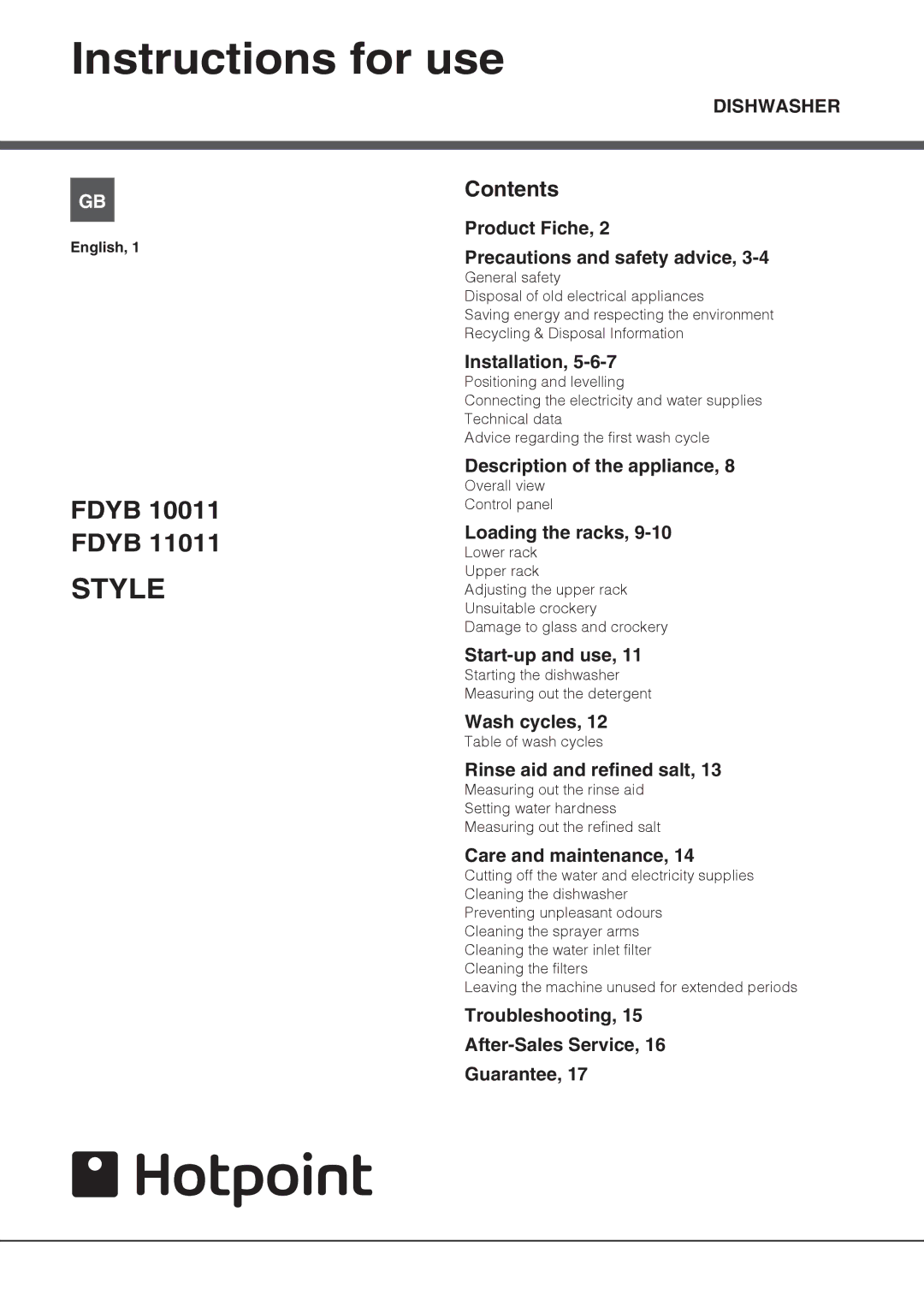 Hotpoint FDYB 11011, FDYB 10011 manual Instructions for use, Contents 