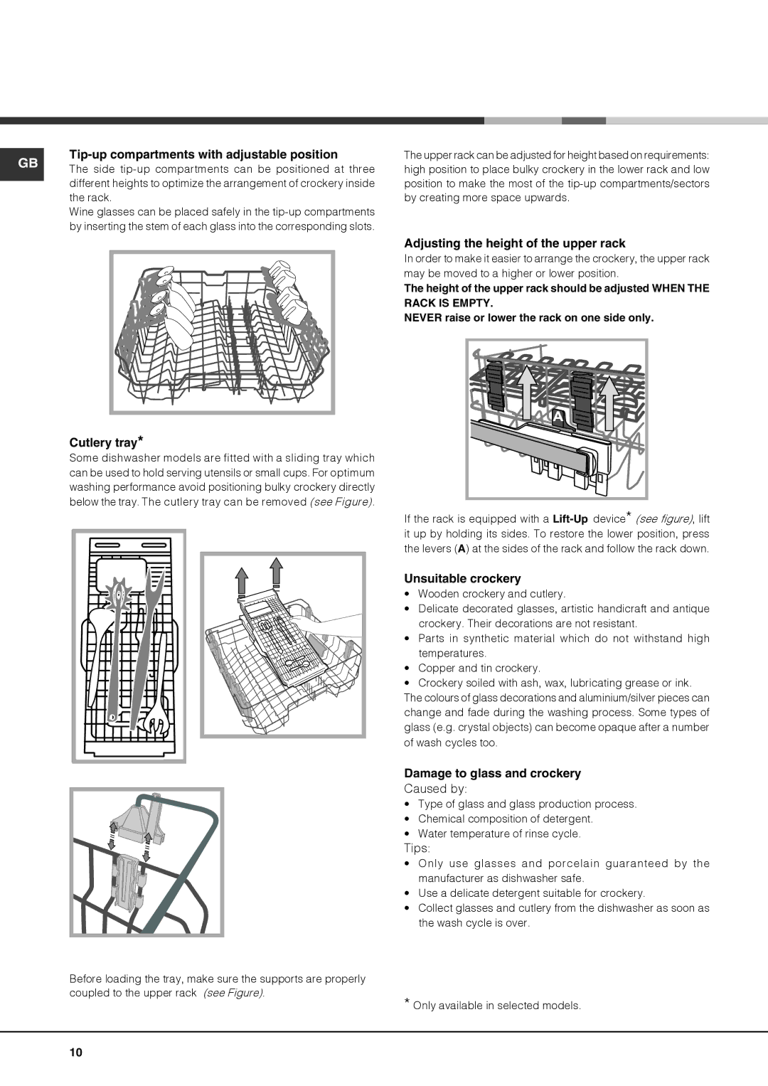 Hotpoint FDYB 10011 Tip-up compartments with adjustable position, Cutlery tray, Adjusting the height of the upper rack 