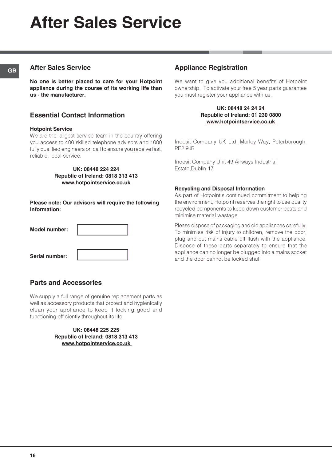 Hotpoint FDYB 10011 After Sales Service, Essential Contact Information, Appliance Registration, Parts and Accessories 