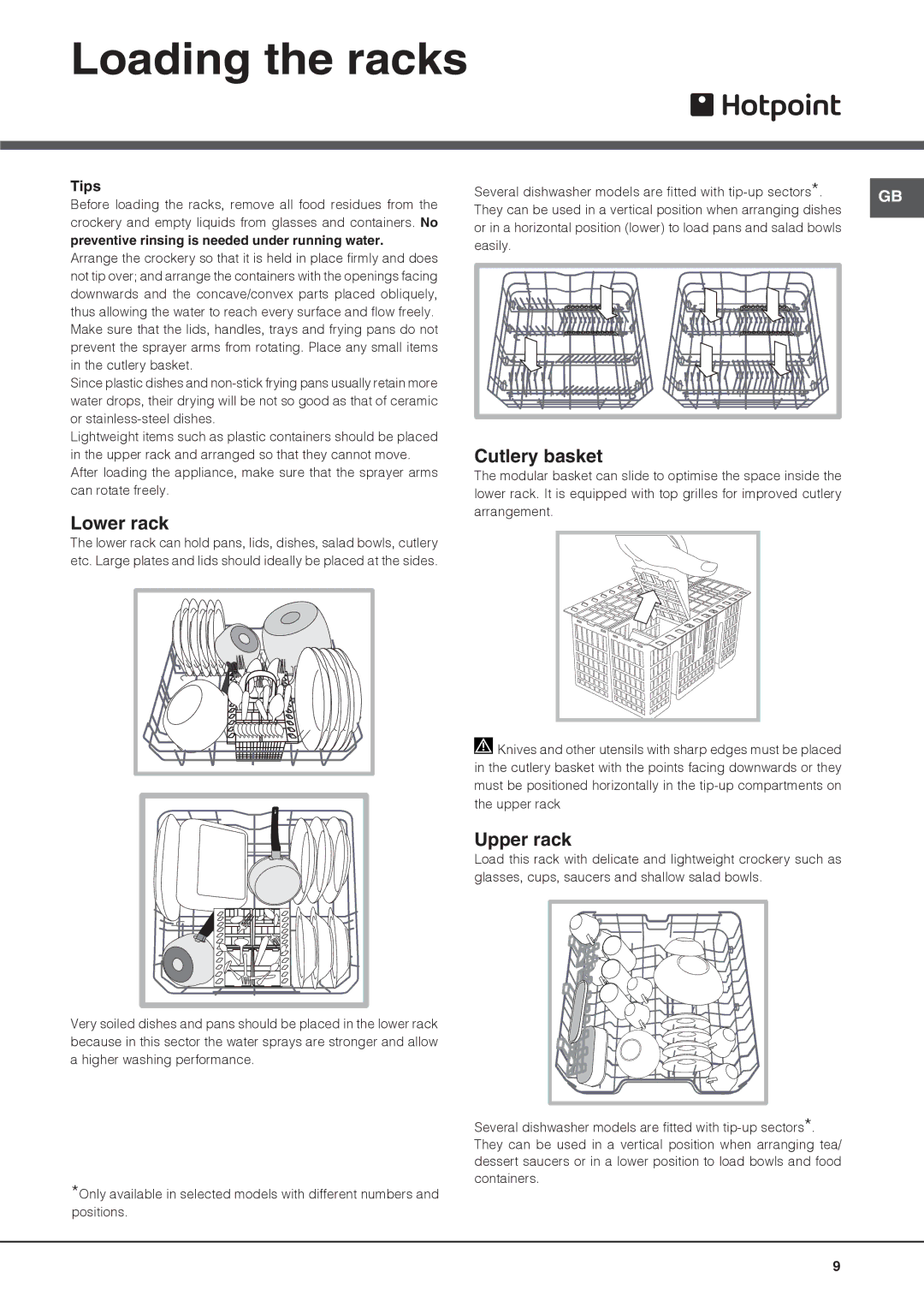 Hotpoint FDYB 11011, FDYB 10011 manual Loading the racks, Lower rack, Cutlery basket, Upper rack, Tips 