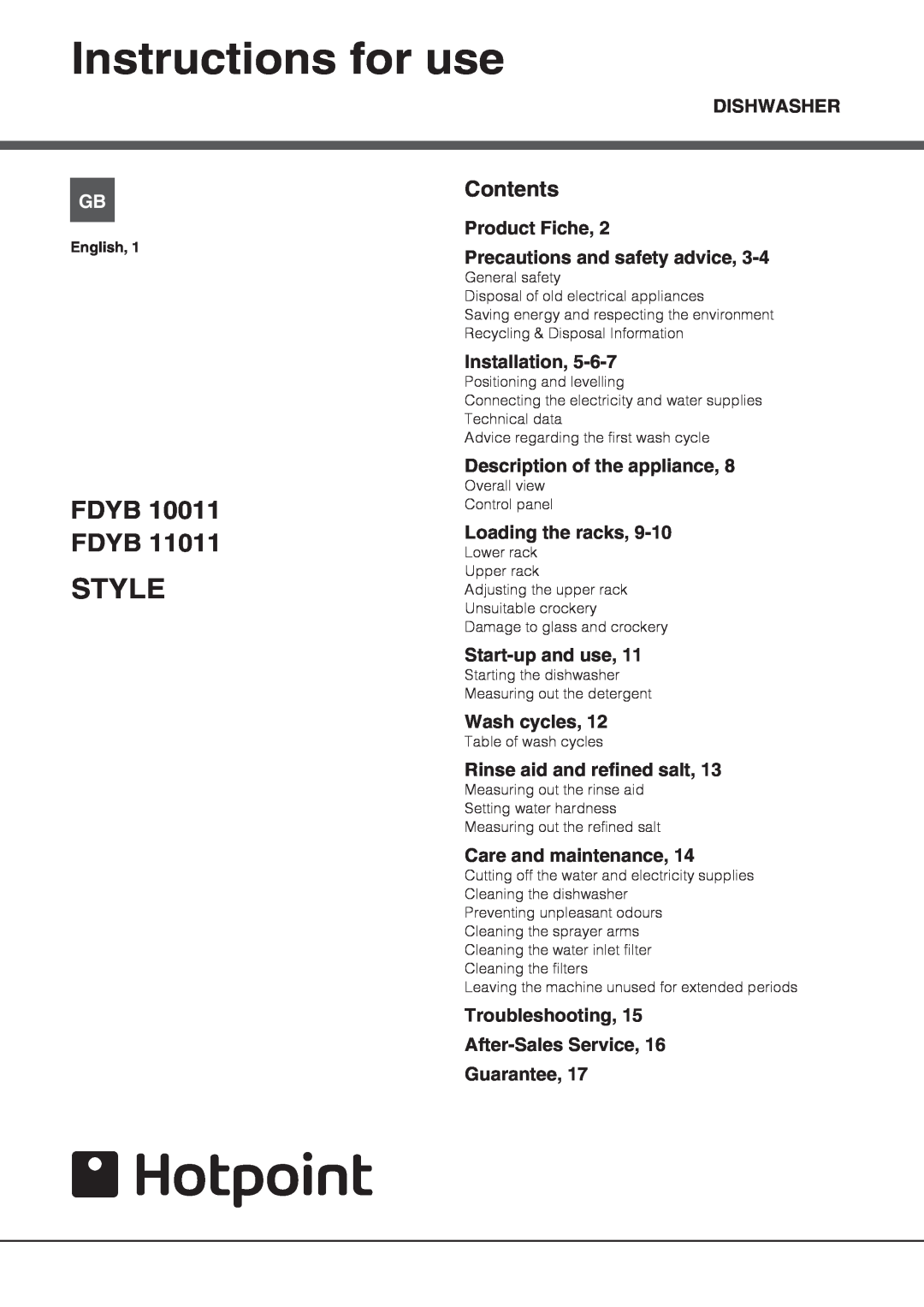 Hotpoint FDYB 11011 manual Instructions for use, Style, FDYB 10011 FDYB, Contents 