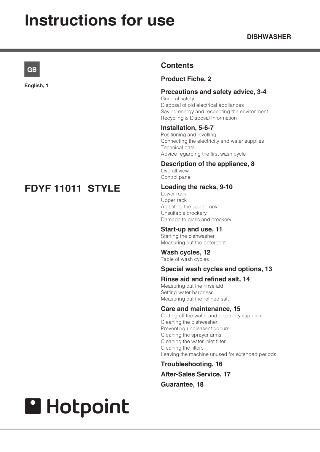 Hotpoint FDYF 11011 Style manual Instructions for use, Fdyf 11011 Style 