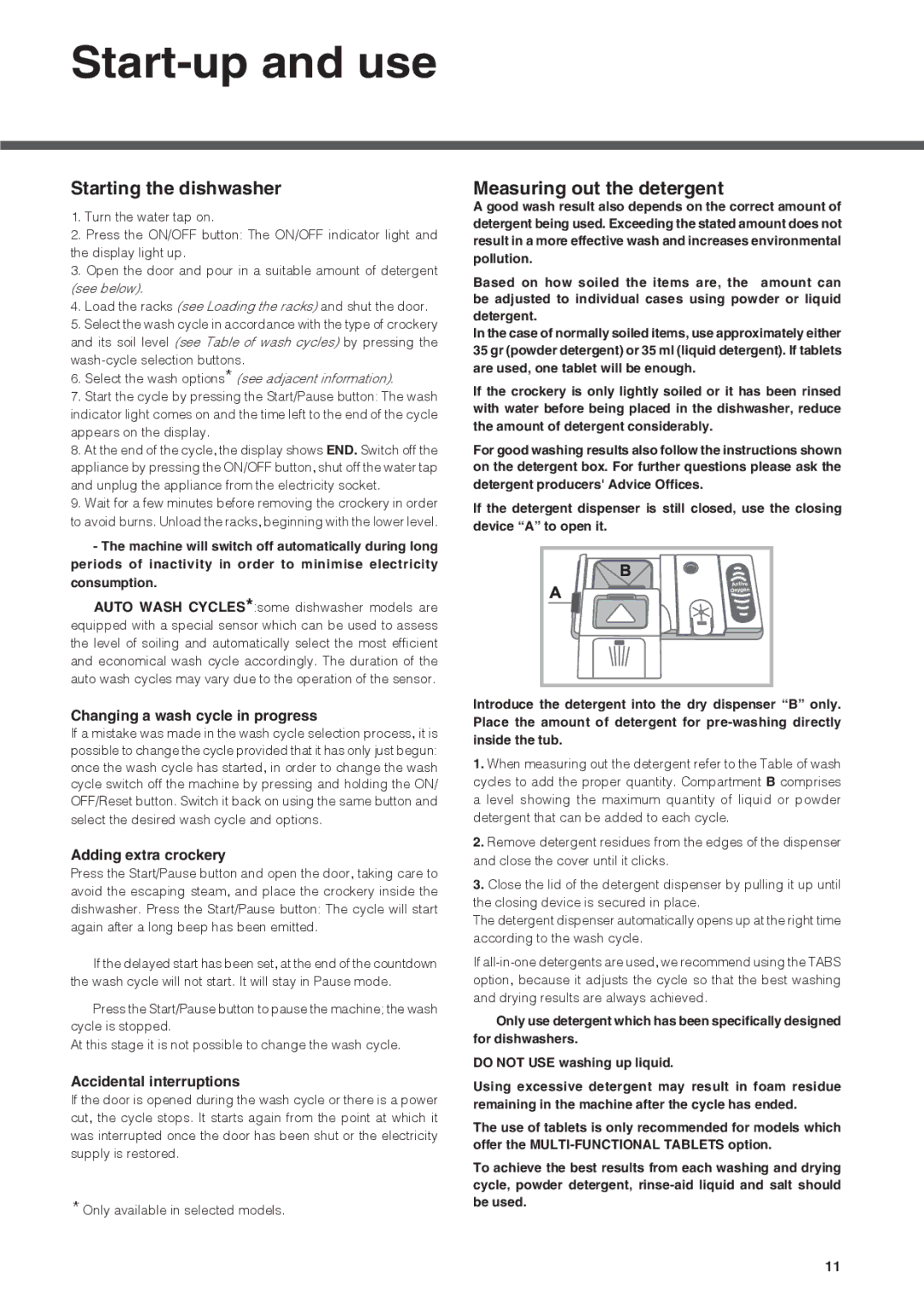 Hotpoint FDYF 11011 Style manual Start-up and use, Starting the dishwasher, Measuring out the detergent 