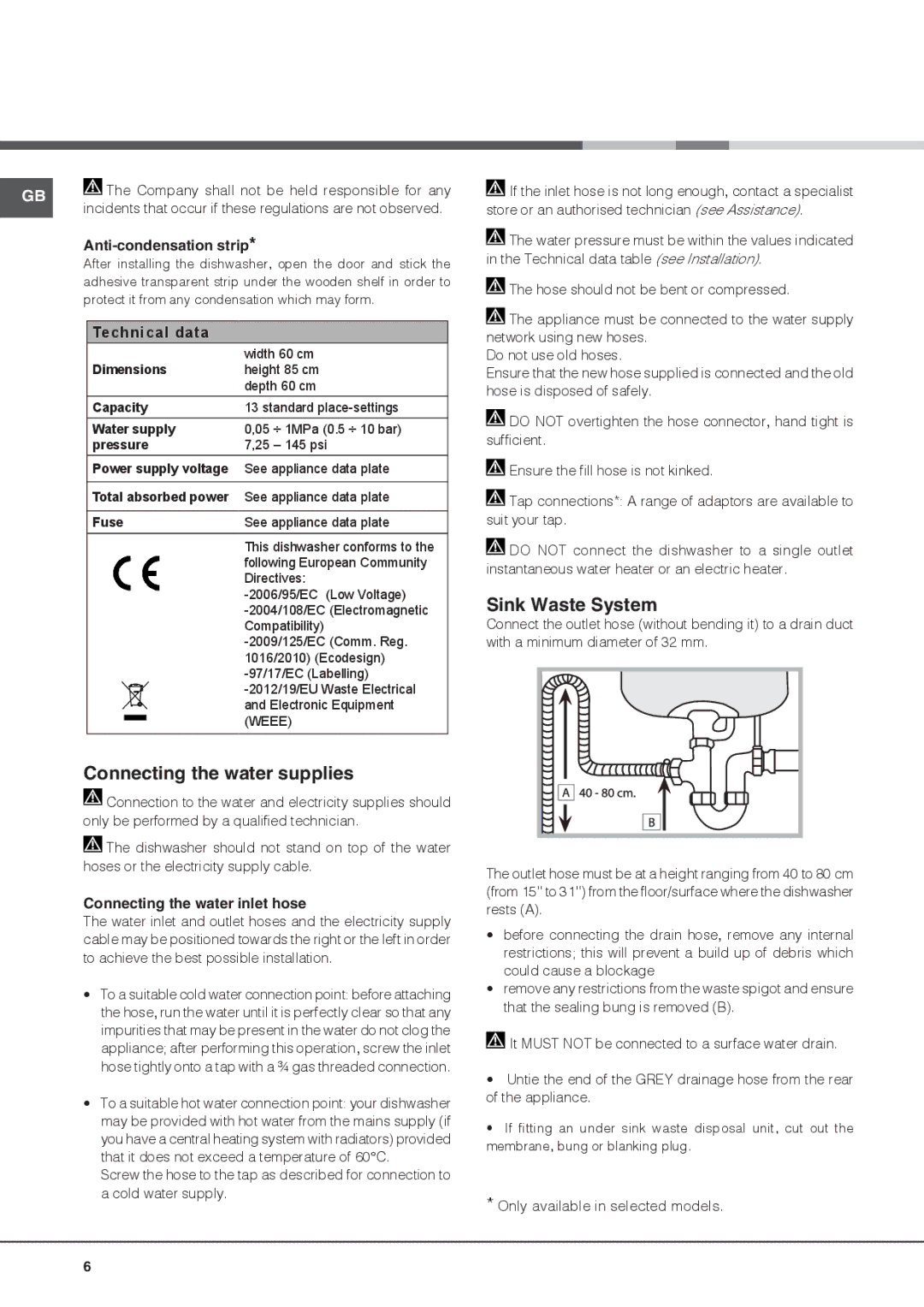 Hotpoint FDYF 11011 Style manual Connecting the water supplies, Sink Waste System, Anti-condensation strip 