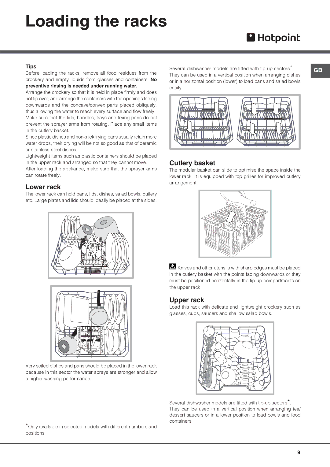 Hotpoint FDYF 11011 Style manual Loading the racks, Lower rack, Cutlery basket, Upper rack, Tips 