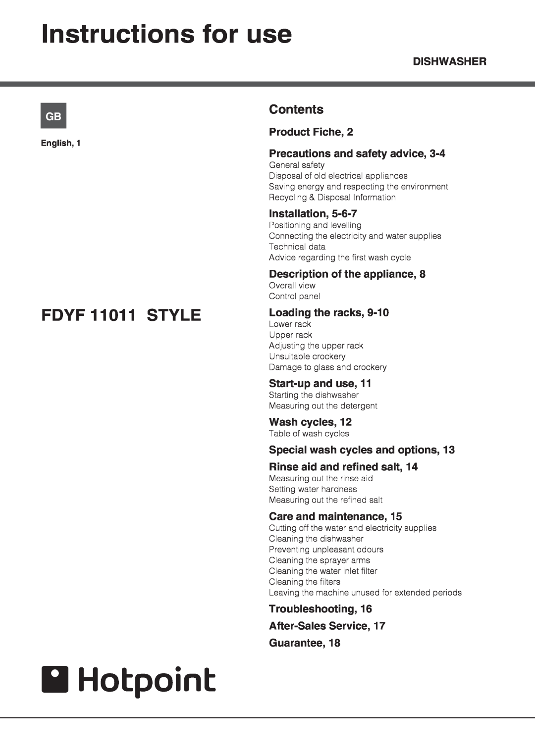 Hotpoint FDYF 11011 Style manual Instructions for use, FDYF 11011 STYLE, Contents 