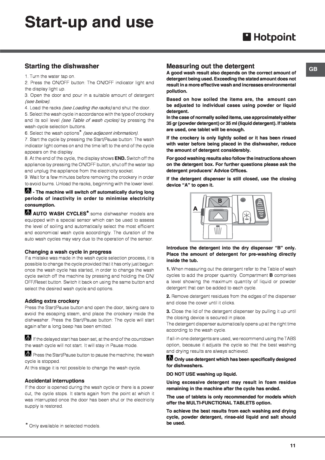Hotpoint FDYF 11011 Style manual Start-upand use, Changing a wash cycle in progress, Adding extra crockery, see below 