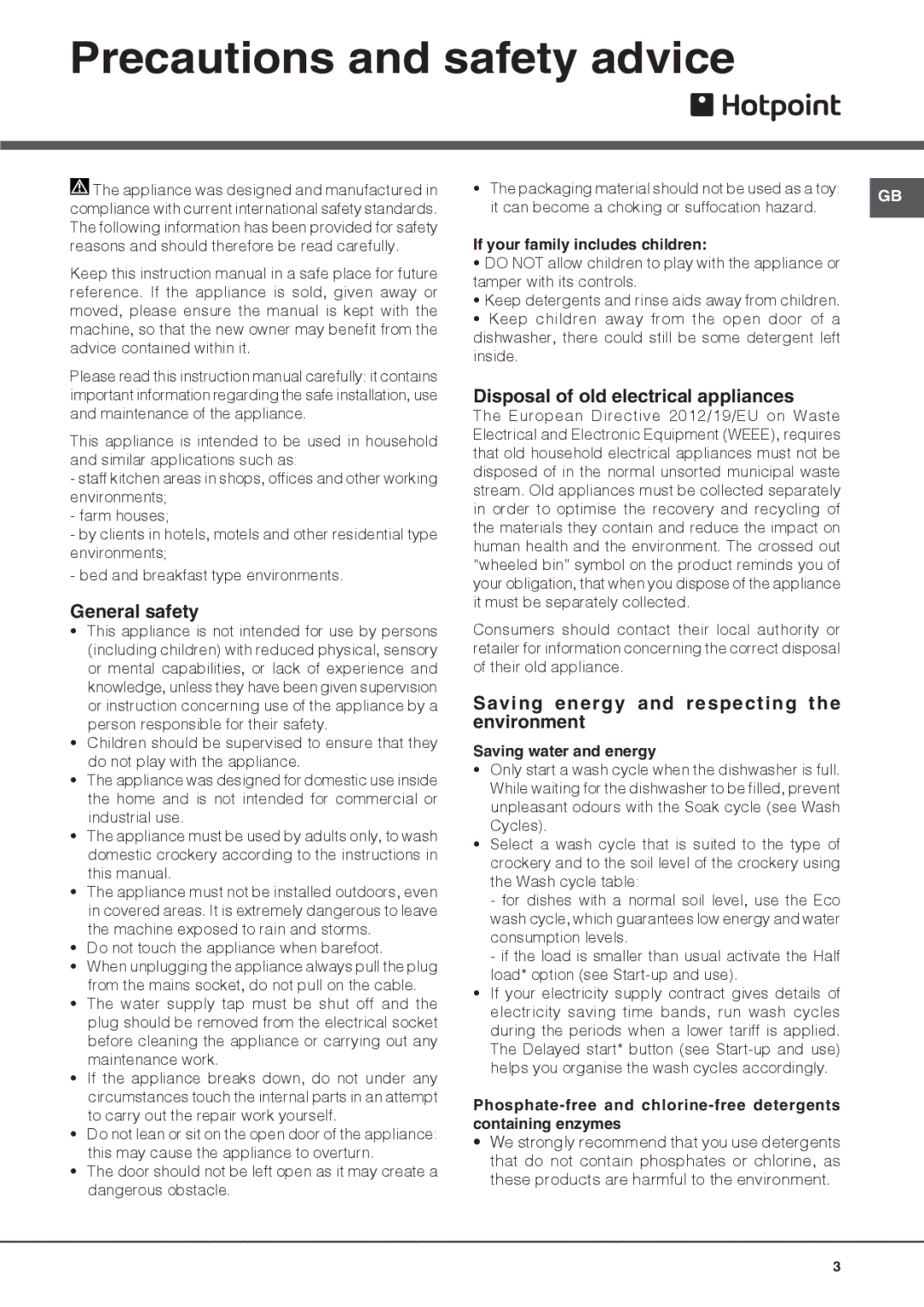 Hotpoint FDYF 11011 manual Precautions and safety advice, General safety, Disposal of old electrical appliances 