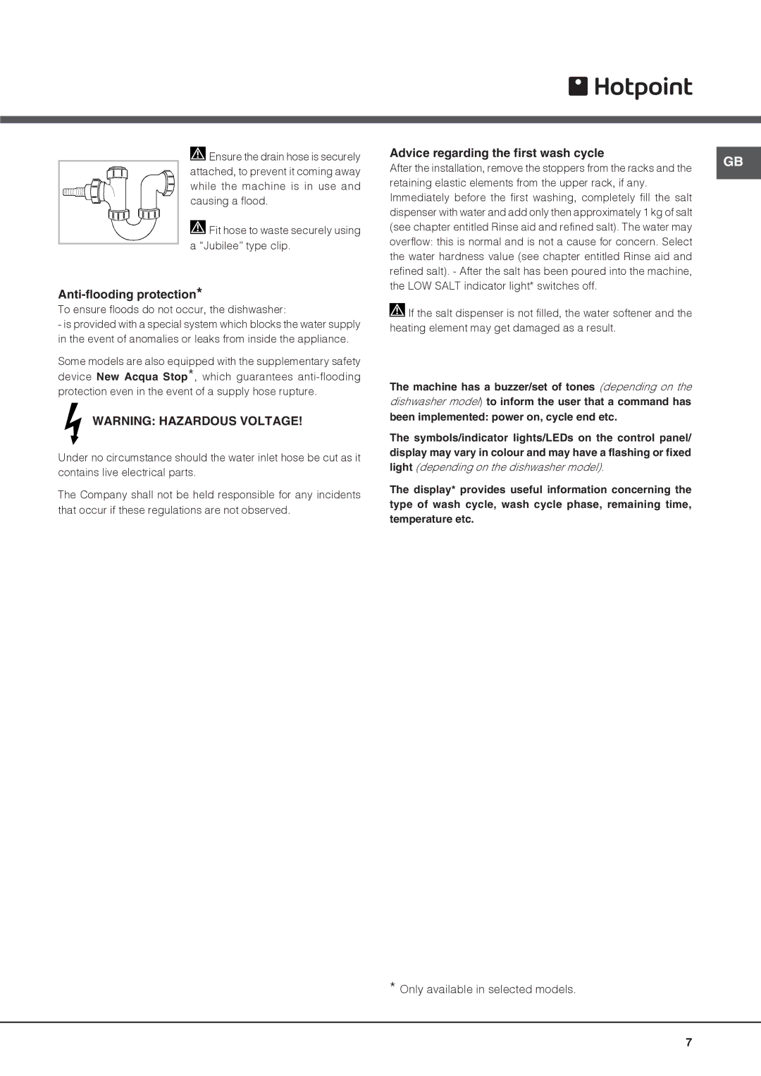 Hotpoint FDYF 11011 manual Anti-flooding protection, Advice regarding the first wash cycle 