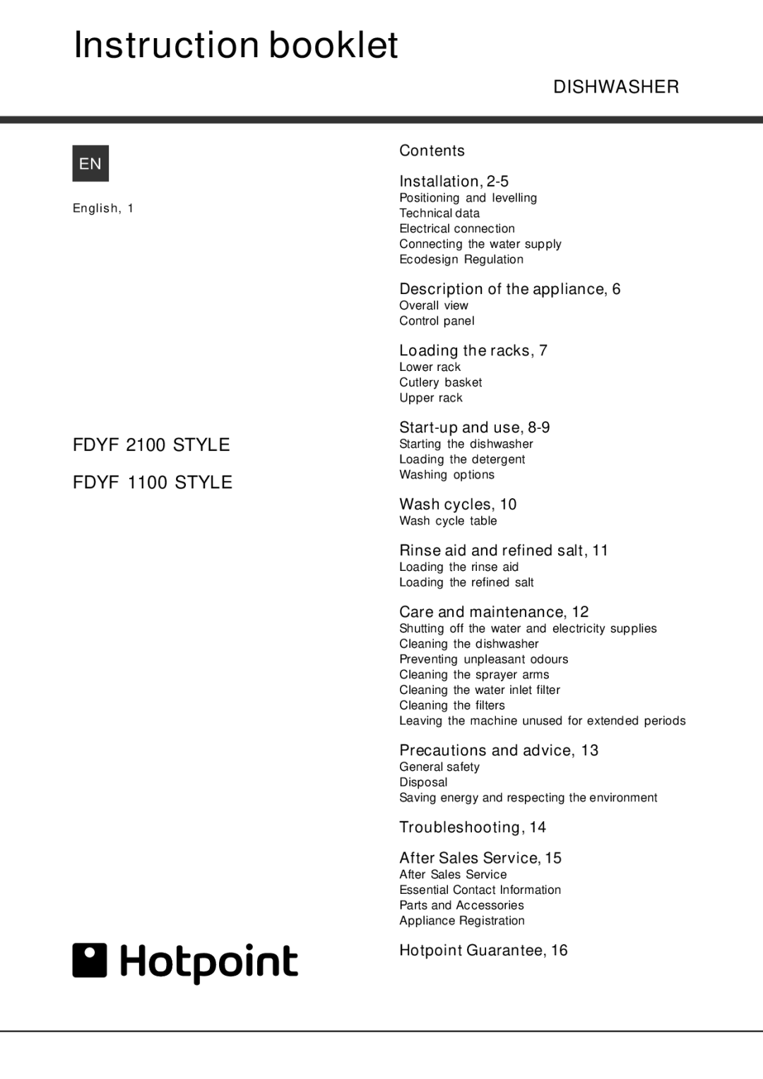 Hotpoint FDYF 1100, FDYF 2100 manual Instruction booklet 