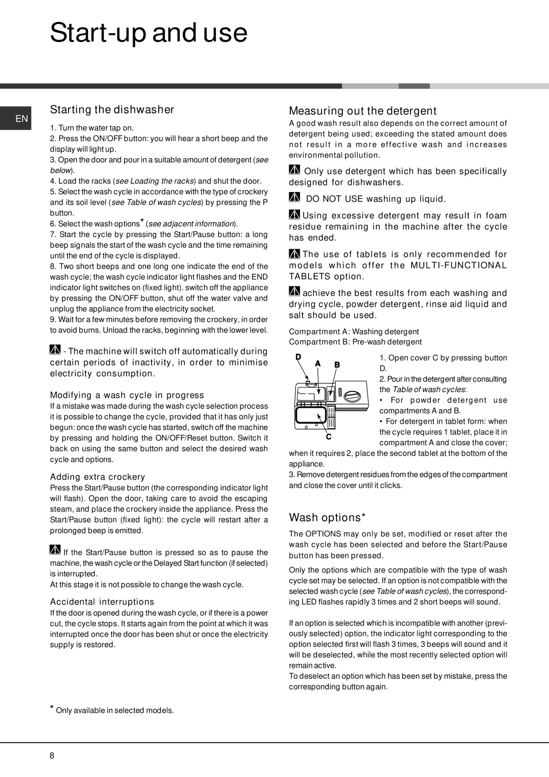 Hotpoint FDYF 2100, FDYF 1100 manual Start-up and use, Starting the dishwasher, Measuring out the detergent, Wash options 