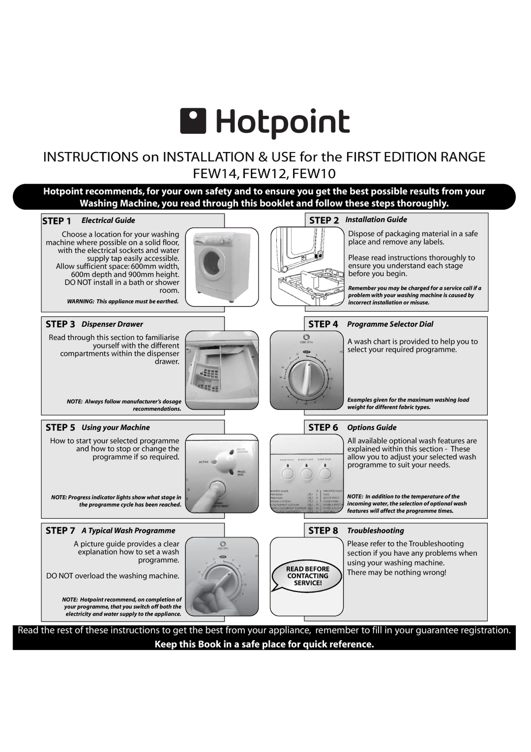 Hotpoint FEW10 manual Electrical Guide, Dispenser Drawer, Installation Guide, Programme Selector Dial, Using your Machine 