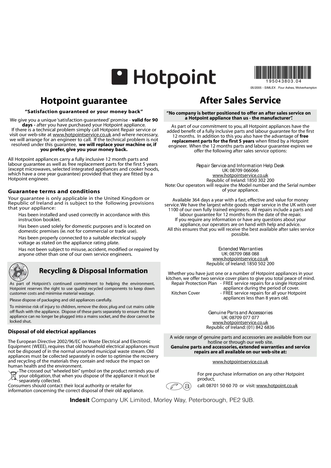 Hotpoint FEW14, FEW10, FEW12 Repair Service and Information Help Desk, Extended Warranties, Genuine Parts and Accessories 