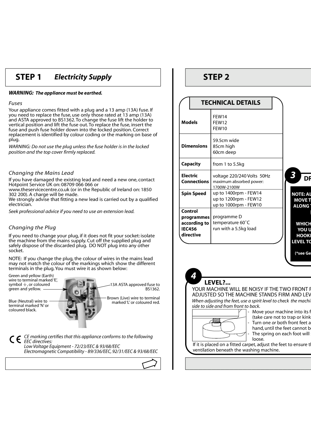 Hotpoint FEW14, FEW10, FEW12 manual Electricity Supply, Voltage 220/240 Volts 50Hz 