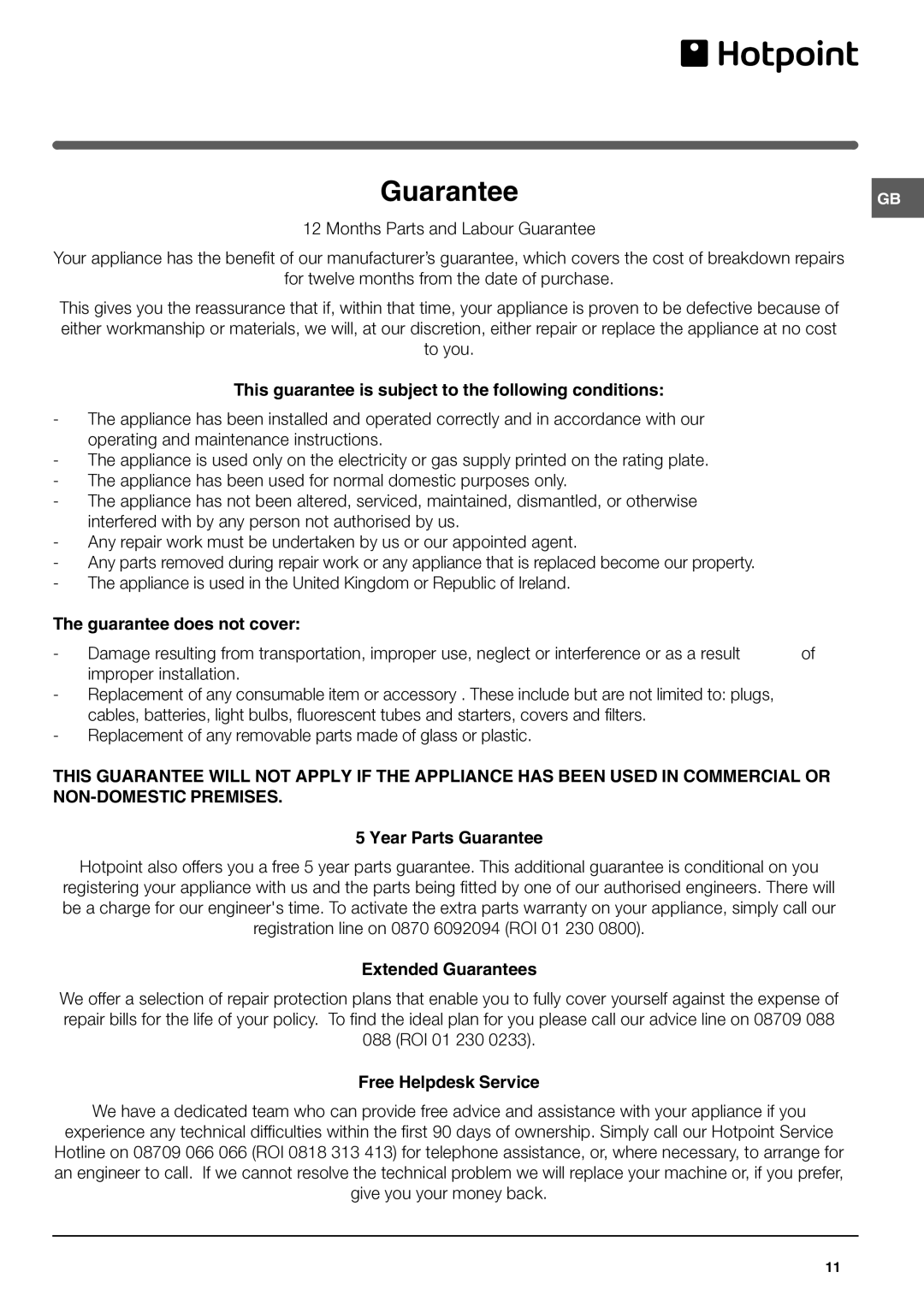 Hotpoint FF175B operating instructions Guarantee 