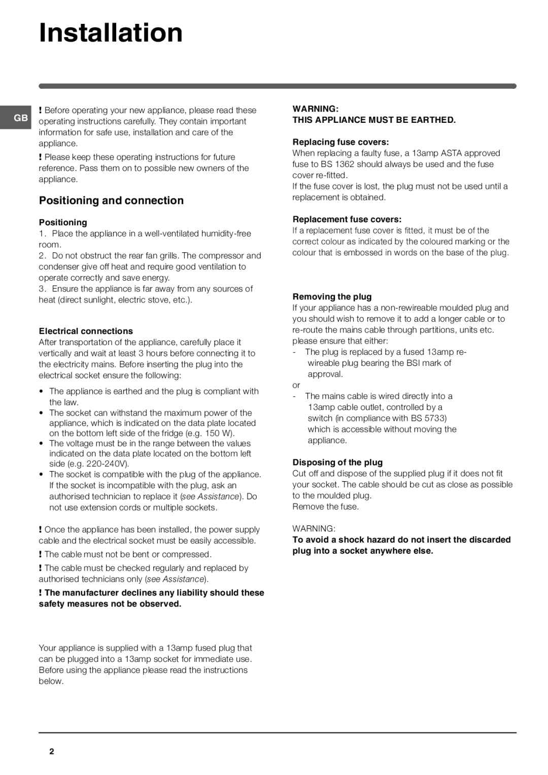 Hotpoint FF175B operating instructions Installation, Positioning and connection 