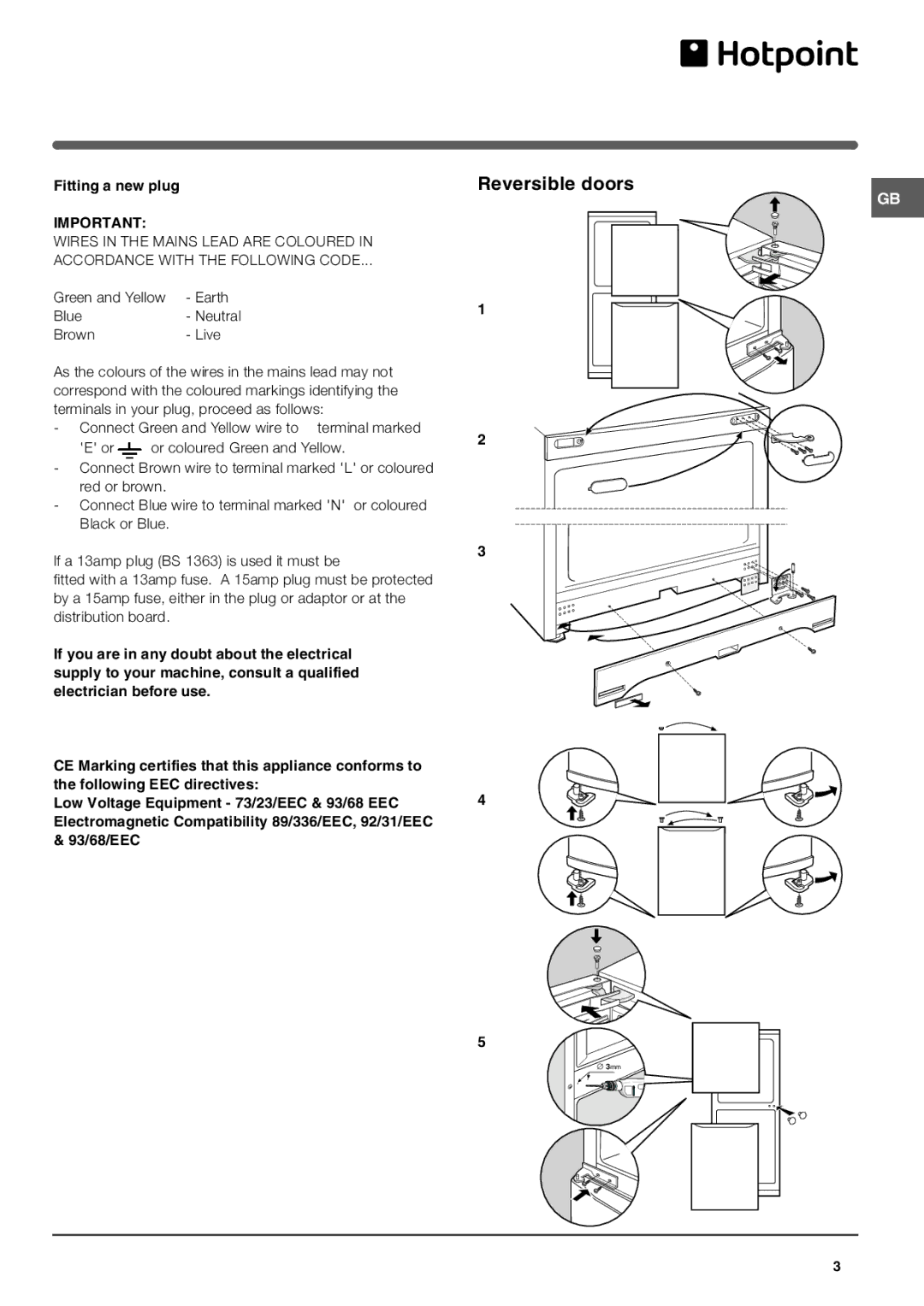 Hotpoint FF175B operating instructions Reversible doors, Fitting a new plug 