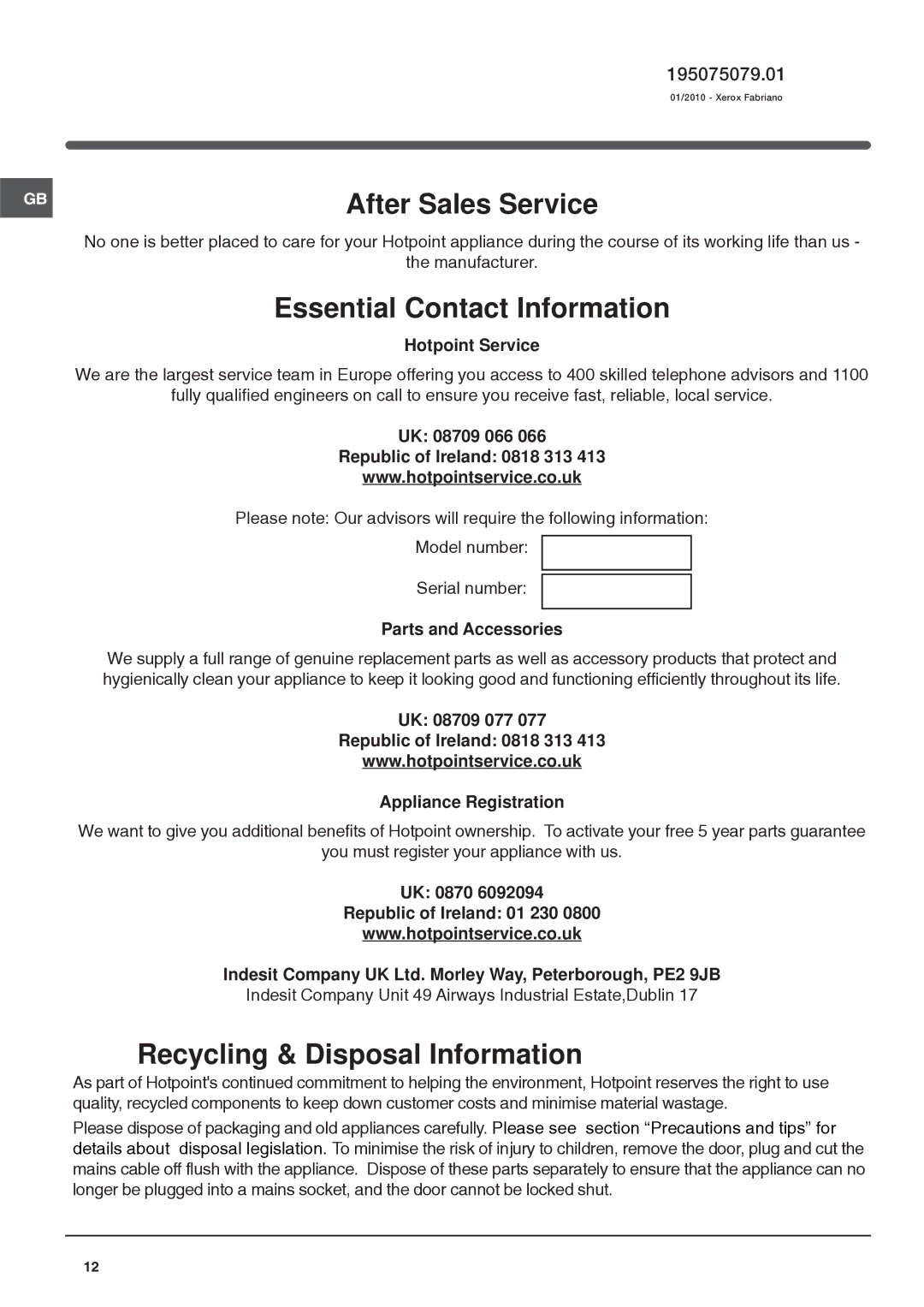 Hotpoint FF187LG, FF187LP, FF187ALP, FF187ALG, FF187LA manual After Sales Service 