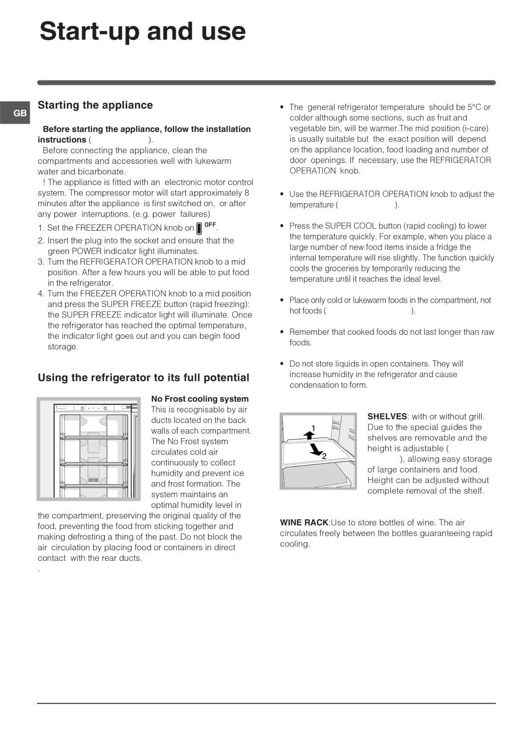 Hotpoint FF187ALP, FF187LP, FF187LG Start-up and use, Starting the appliance, Using the refrigerator to its full potential 