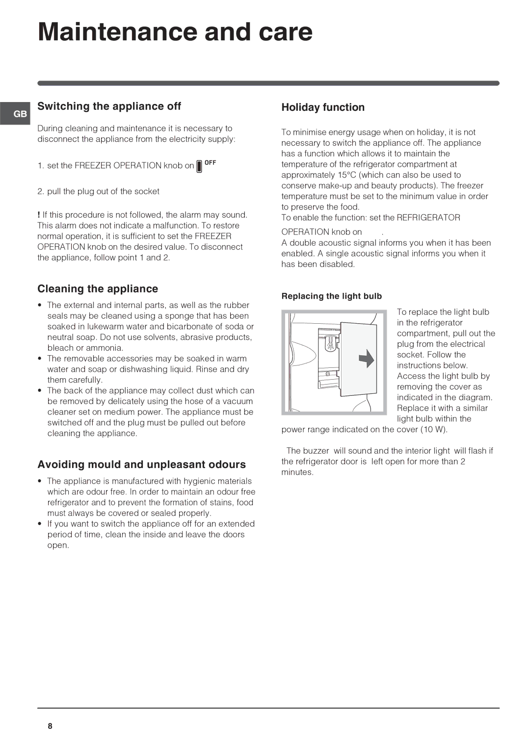 Hotpoint FF187ALG, FF187LP Maintenance and care, Switching the appliance off, Cleaning the appliance, Holiday function 