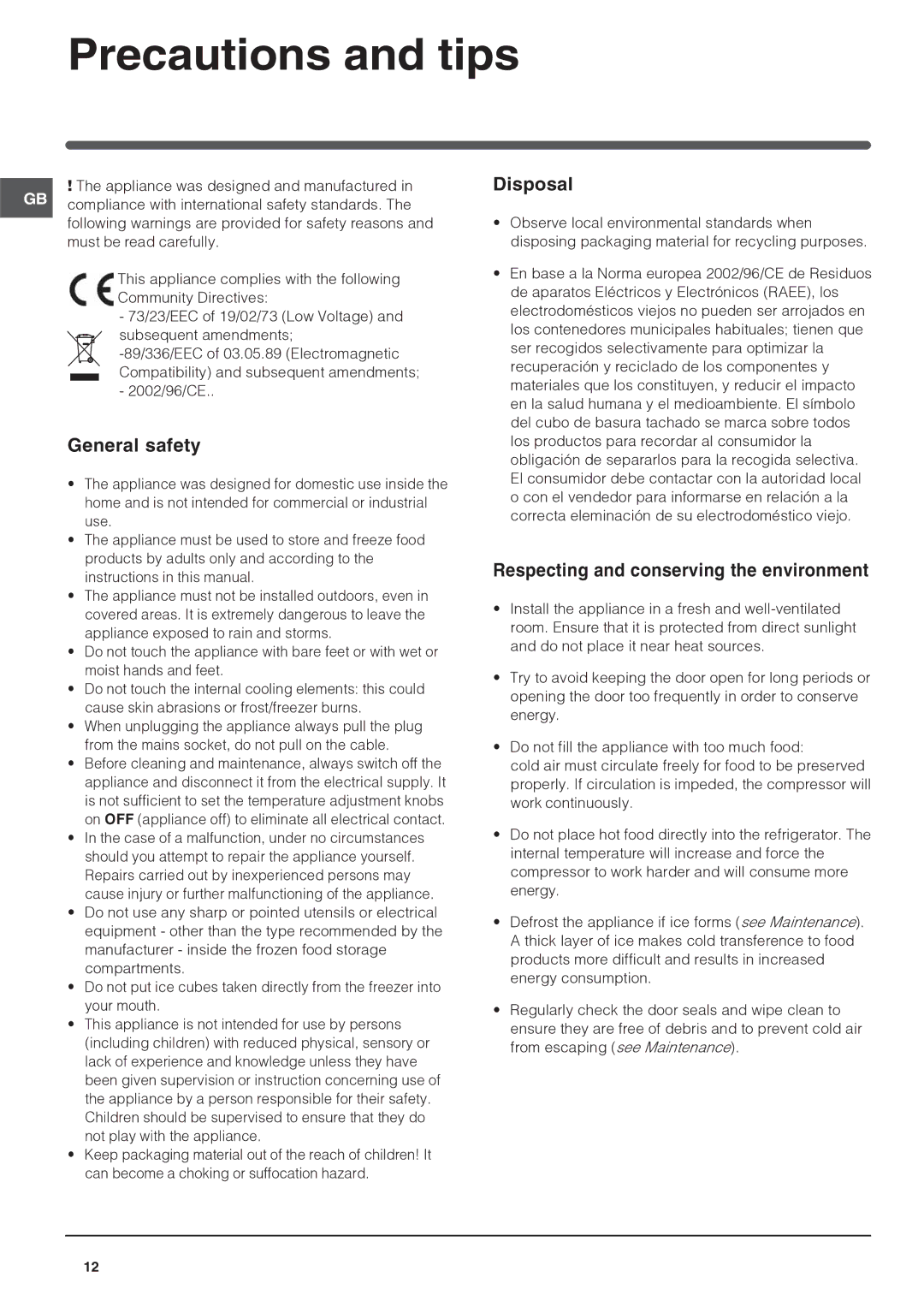 Hotpoint FF200DP, FF200DX manual Precautions and tips, General safety, Disposal, Respecting and conserving the environment 