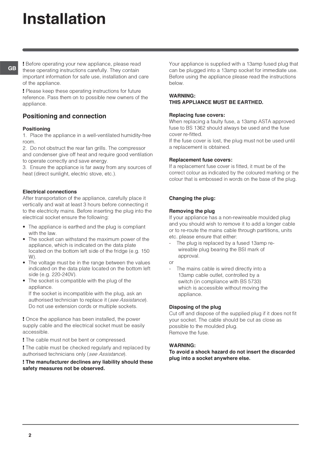 Hotpoint FF200DP, FF200DX manual Installation, Positioning and connection, Electrical connections 