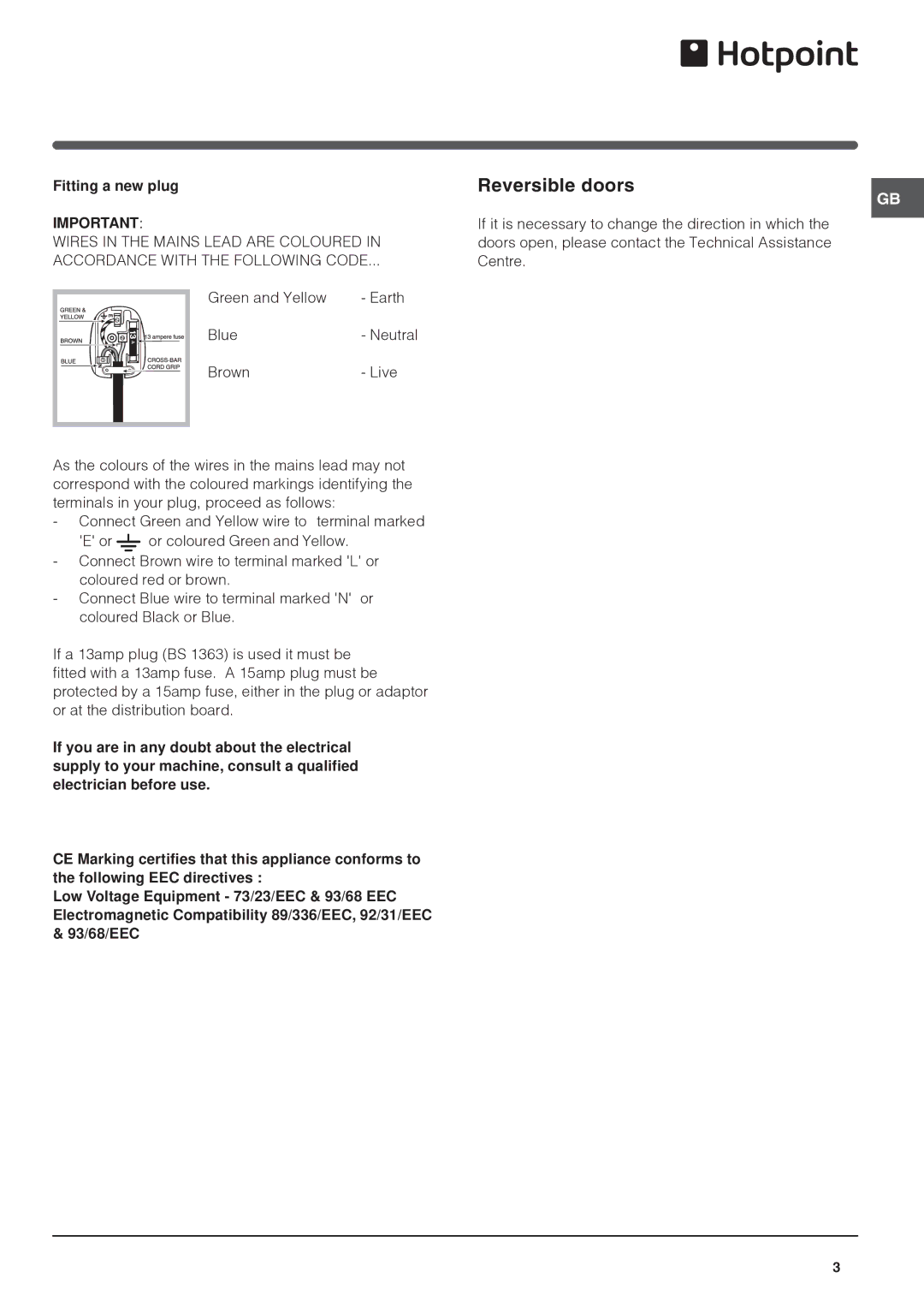 Hotpoint FF200DX, FF200DP manual Reversible doors, Fitting a new plug 