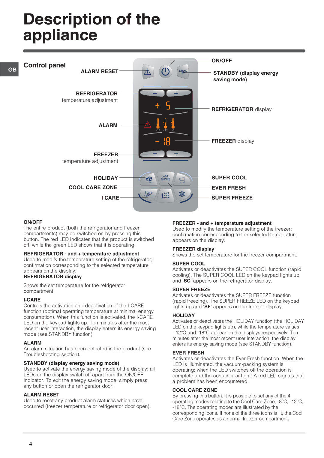 Hotpoint FF200DP, FF200DX manual Description of the appliance, Control panel 