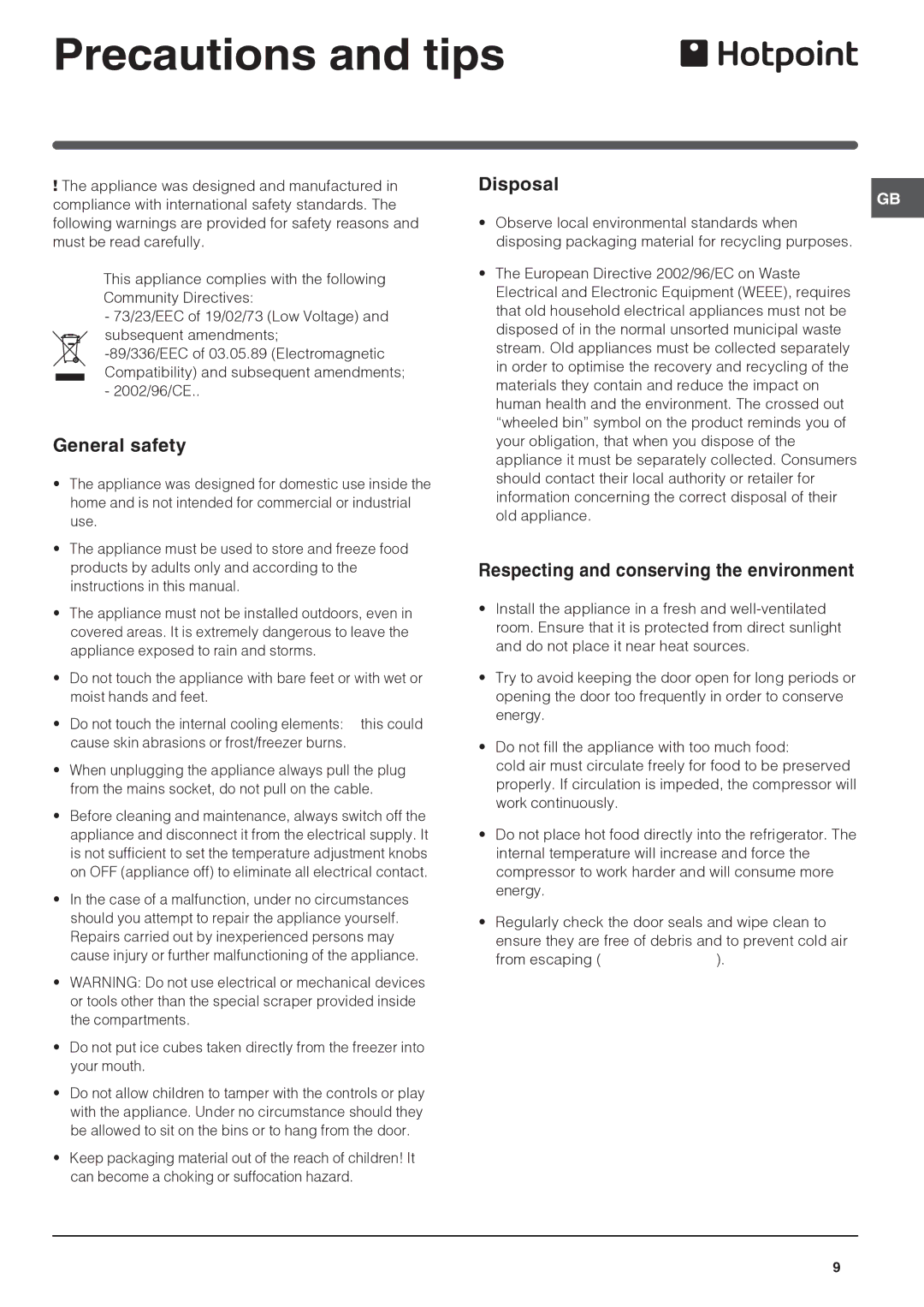 Hotpoint FF200LA, FF200LG Precautions and tips, General safety, Disposal, Respecting and conserving the environment 