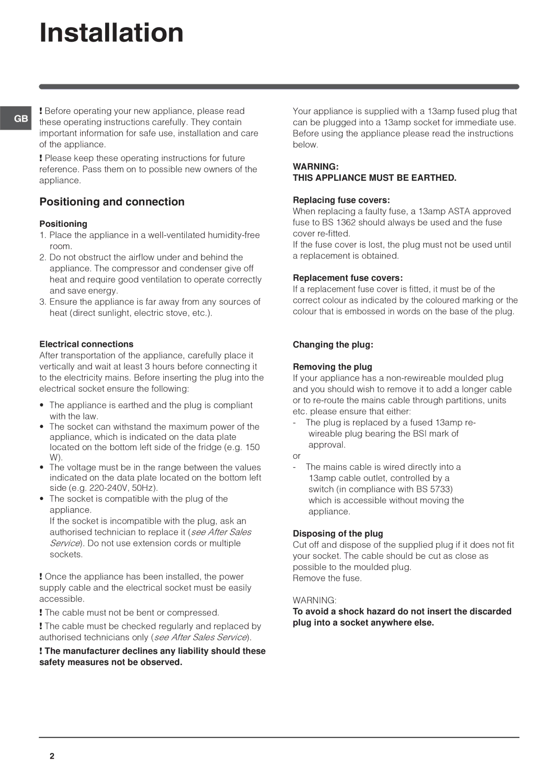 Hotpoint FF200LG manual Installation, Positioning and connection, Electrical connections 