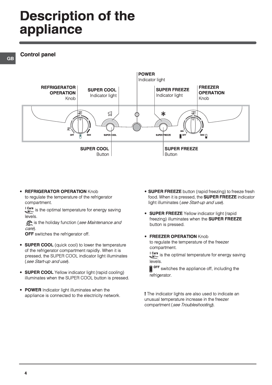 Hotpoint FF200LG manual Description of the appliance, Control panel 