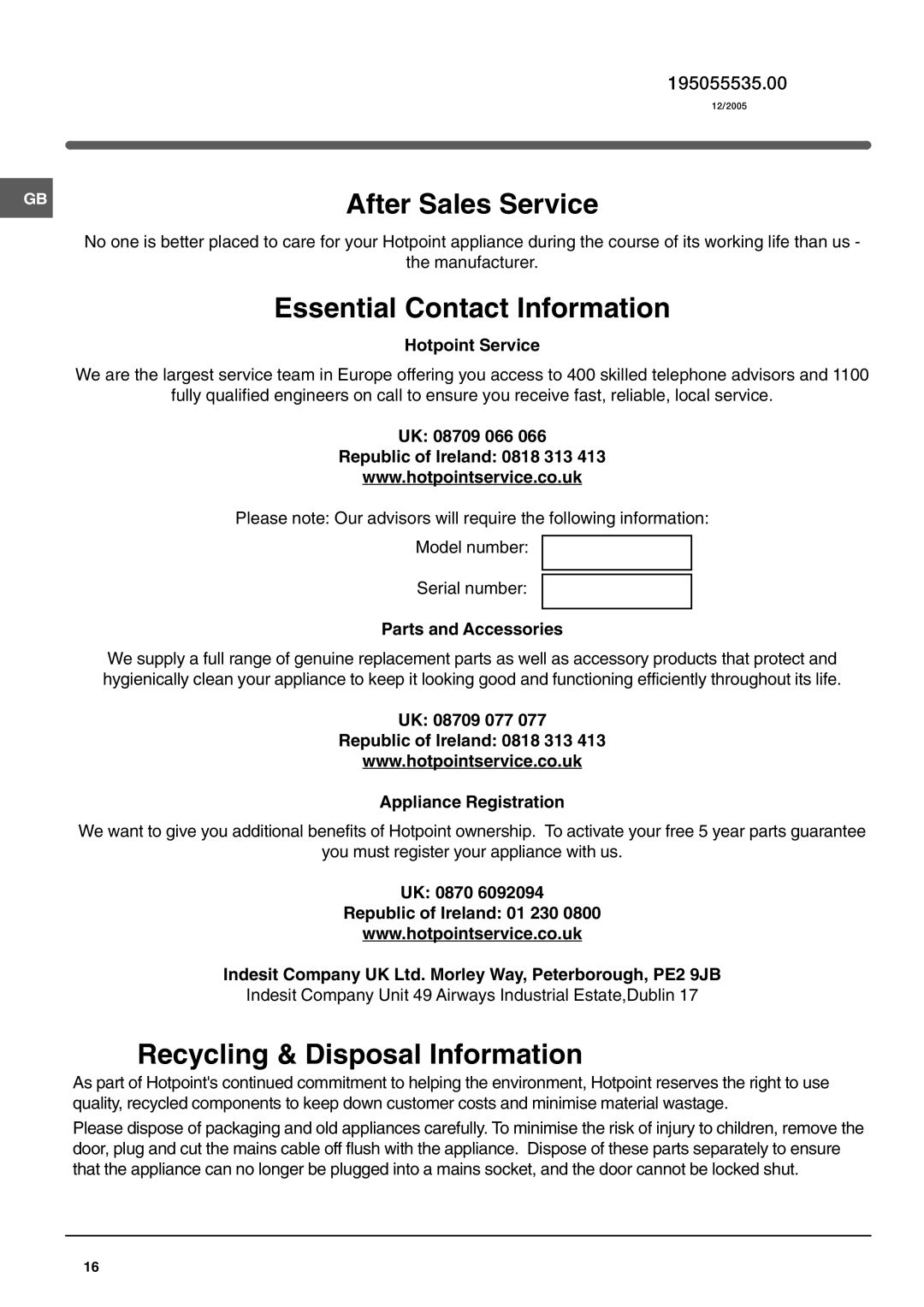 Hotpoint FF200TP manual After Sales Service 