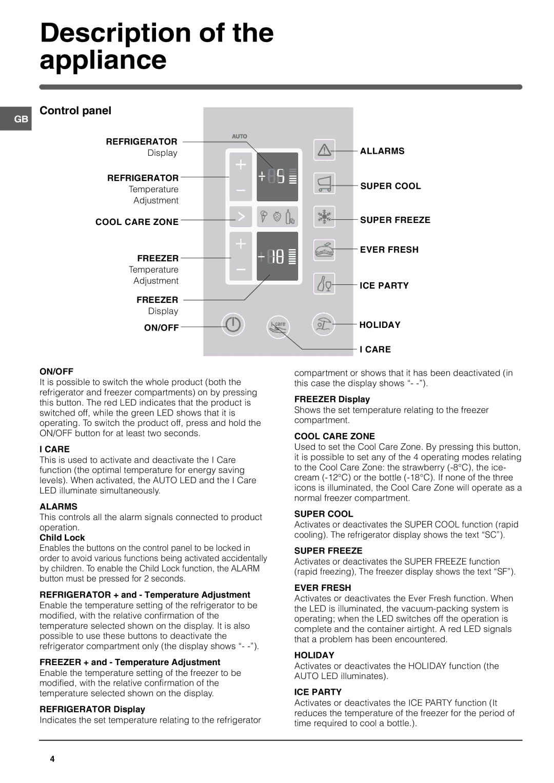 Hotpoint FF200TP manual Description of the appliance, Control panel 