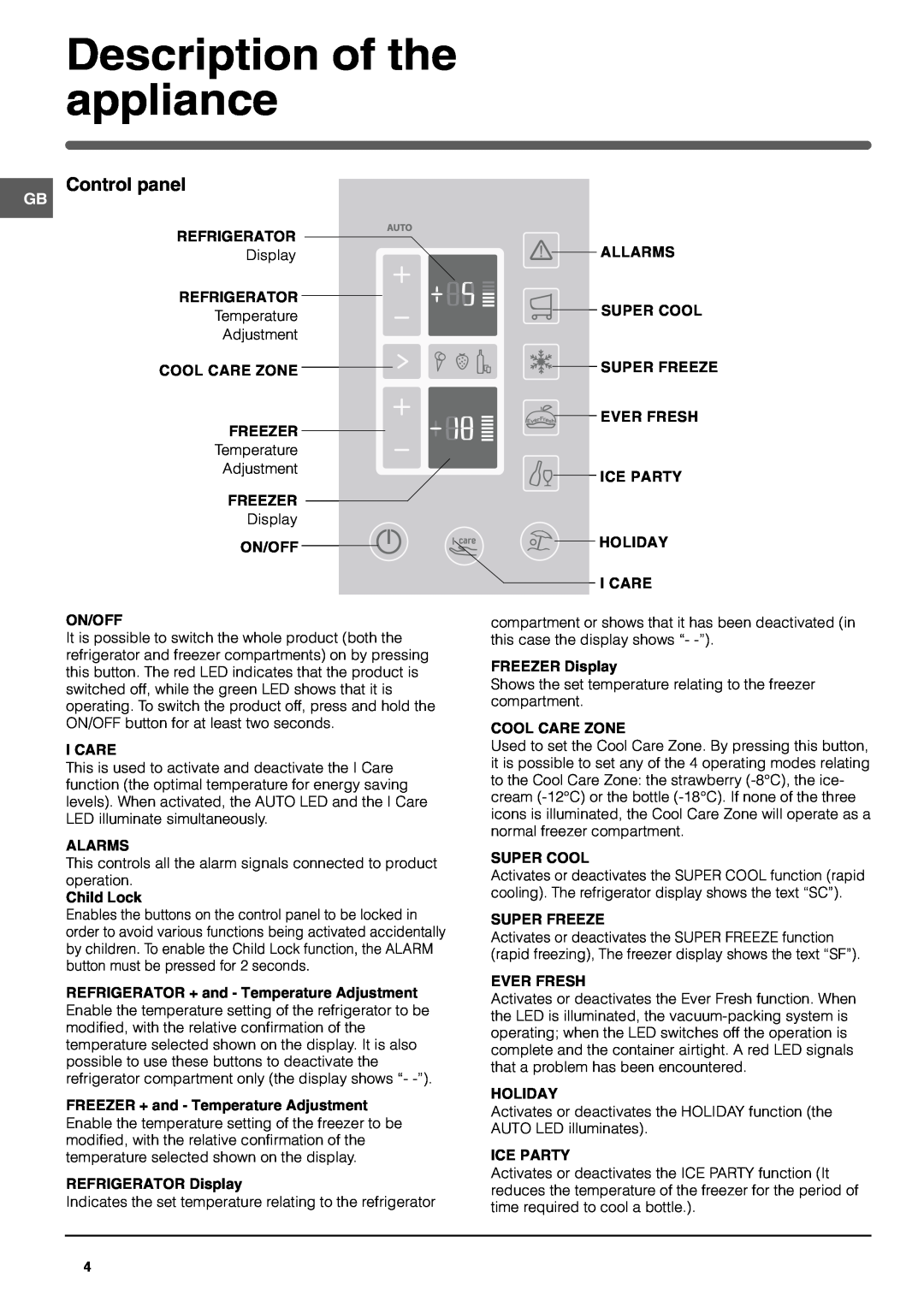 Hotpoint FF200TP manual Description of the appliance, Control panel 