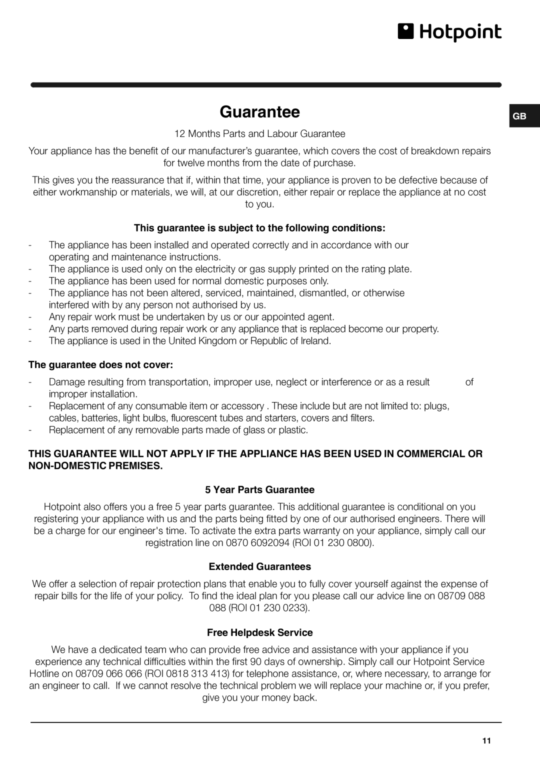 Hotpoint FF40X, FF40P operating instructions Guarantee 