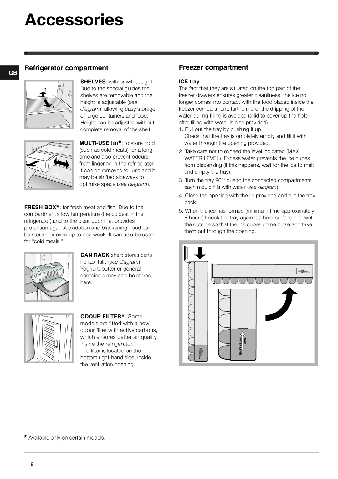 Hotpoint FF40P, FF40X operating instructions Accessories, Refrigerator compartment Freezer compartment, ICE tray 